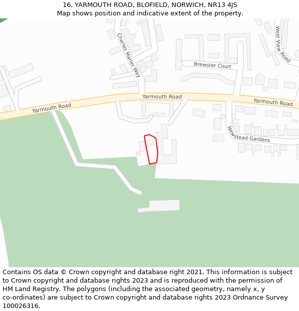 16, YARMOUTH ROAD, BLOFIELD, NORWICH, NR13 4JS: Location map and indicative extent of plot