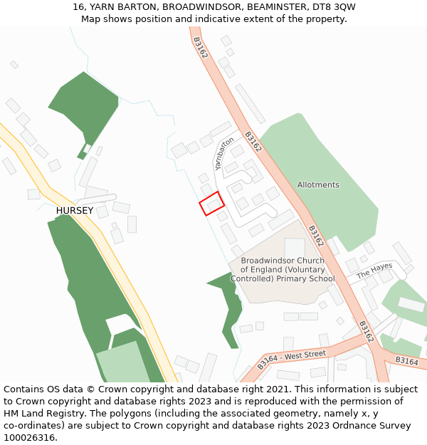 16, YARN BARTON, BROADWINDSOR, BEAMINSTER, DT8 3QW: Location map and indicative extent of plot