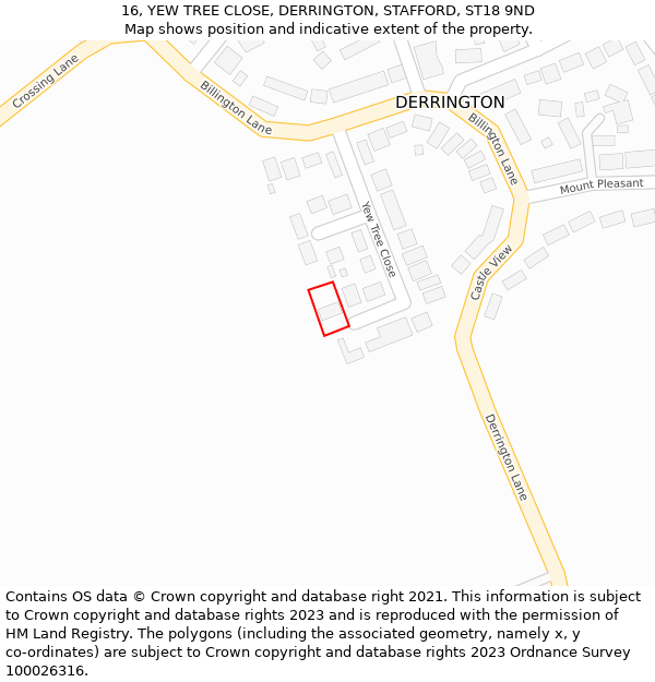 16, YEW TREE CLOSE, DERRINGTON, STAFFORD, ST18 9ND: Location map and indicative extent of plot
