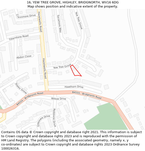 16, YEW TREE GROVE, HIGHLEY, BRIDGNORTH, WV16 6DG: Location map and indicative extent of plot