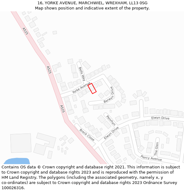 16, YORKE AVENUE, MARCHWIEL, WREXHAM, LL13 0SG: Location map and indicative extent of plot