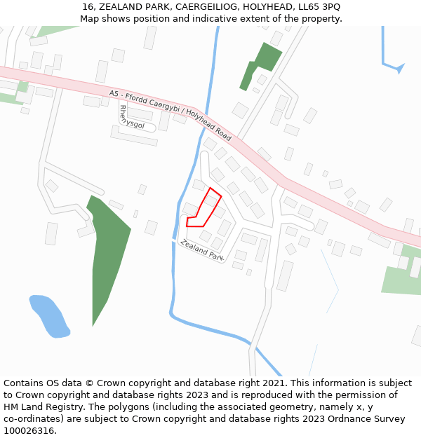 16, ZEALAND PARK, CAERGEILIOG, HOLYHEAD, LL65 3PQ: Location map and indicative extent of plot