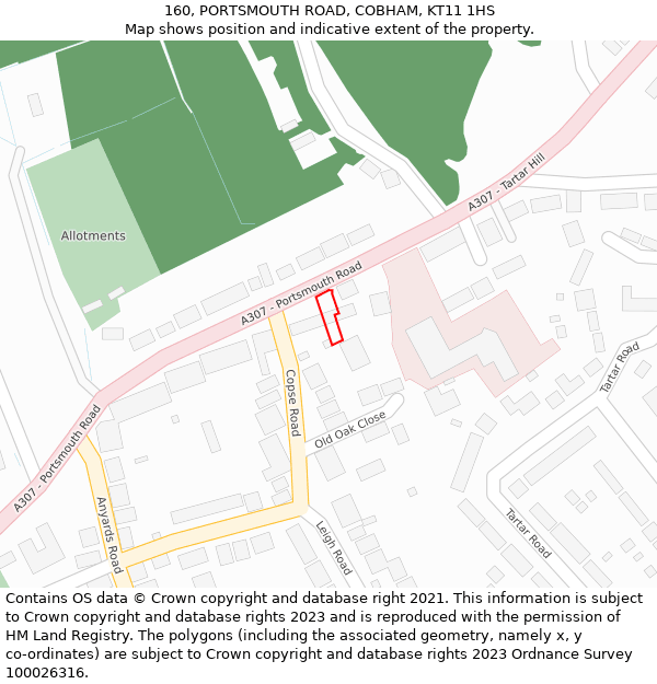 160, PORTSMOUTH ROAD, COBHAM, KT11 1HS: Location map and indicative extent of plot
