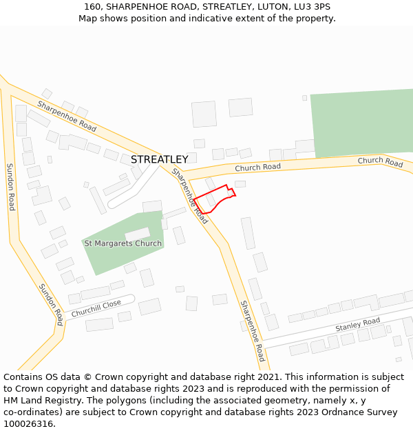 160, SHARPENHOE ROAD, STREATLEY, LUTON, LU3 3PS: Location map and indicative extent of plot