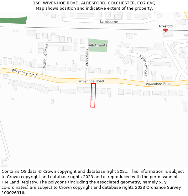 160, WIVENHOE ROAD, ALRESFORD, COLCHESTER, CO7 8AQ: Location map and indicative extent of plot