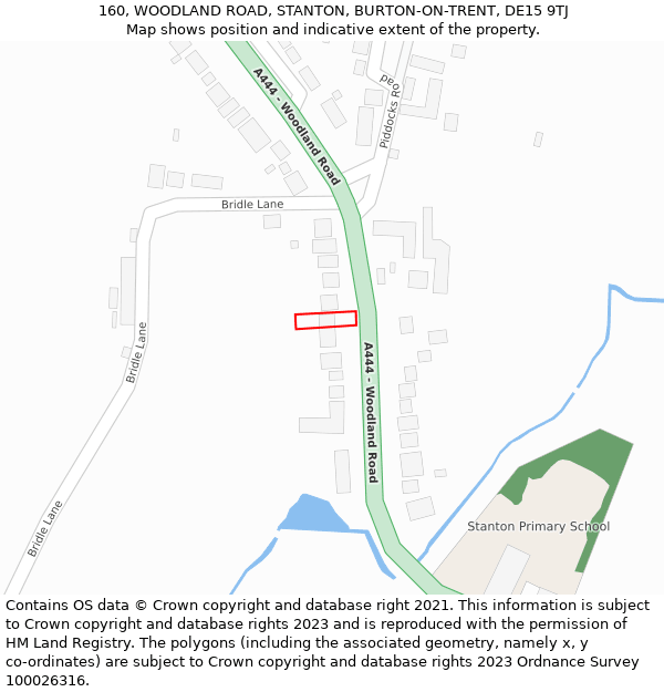 160, WOODLAND ROAD, STANTON, BURTON-ON-TRENT, DE15 9TJ: Location map and indicative extent of plot