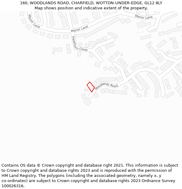 160, WOODLANDS ROAD, CHARFIELD, WOTTON-UNDER-EDGE, GL12 8LY: Location map and indicative extent of plot