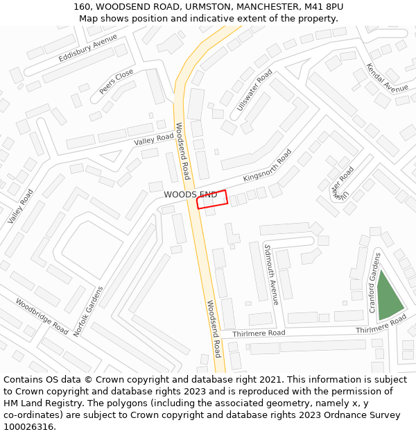 160, WOODSEND ROAD, URMSTON, MANCHESTER, M41 8PU: Location map and indicative extent of plot