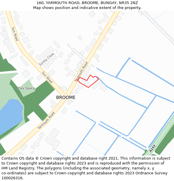 160, YARMOUTH ROAD, BROOME, BUNGAY, NR35 2NZ: Location map and indicative extent of plot