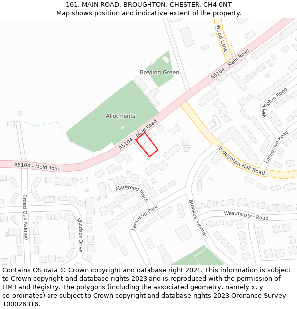 161, MAIN ROAD, BROUGHTON, CHESTER, CH4 0NT: Location map and indicative extent of plot