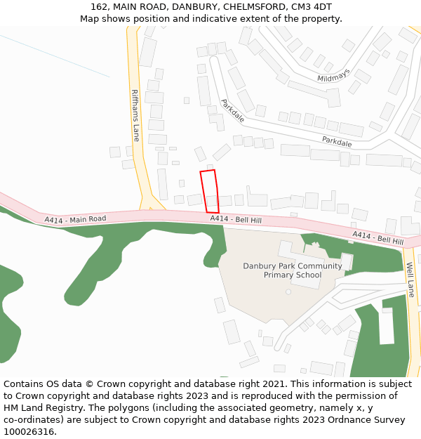 162, MAIN ROAD, DANBURY, CHELMSFORD, CM3 4DT: Location map and indicative extent of plot