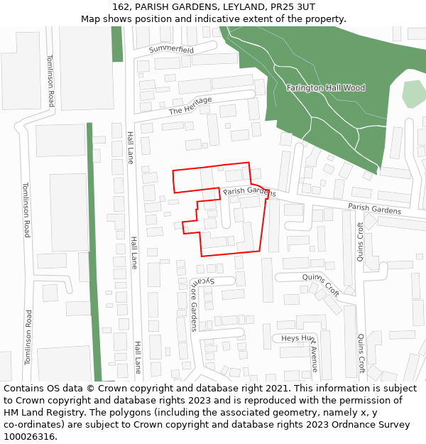 162, PARISH GARDENS, LEYLAND, PR25 3UT: Location map and indicative extent of plot