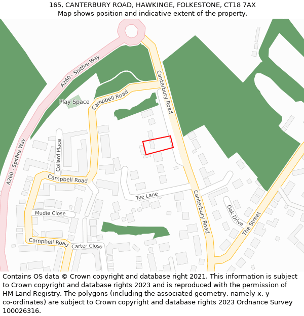 165, CANTERBURY ROAD, HAWKINGE, FOLKESTONE, CT18 7AX: Location map and indicative extent of plot