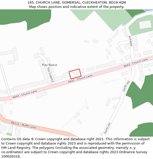 165, CHURCH LANE, GOMERSAL, CLECKHEATON, BD19 4QN: Location map and indicative extent of plot