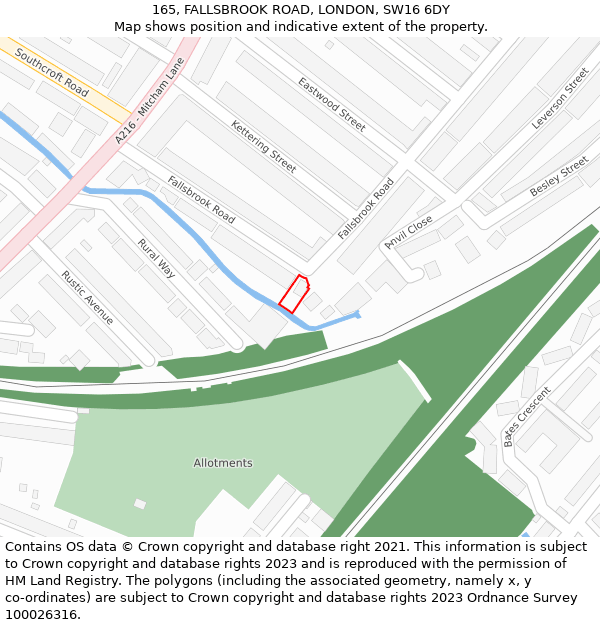 165, FALLSBROOK ROAD, LONDON, SW16 6DY: Location map and indicative extent of plot