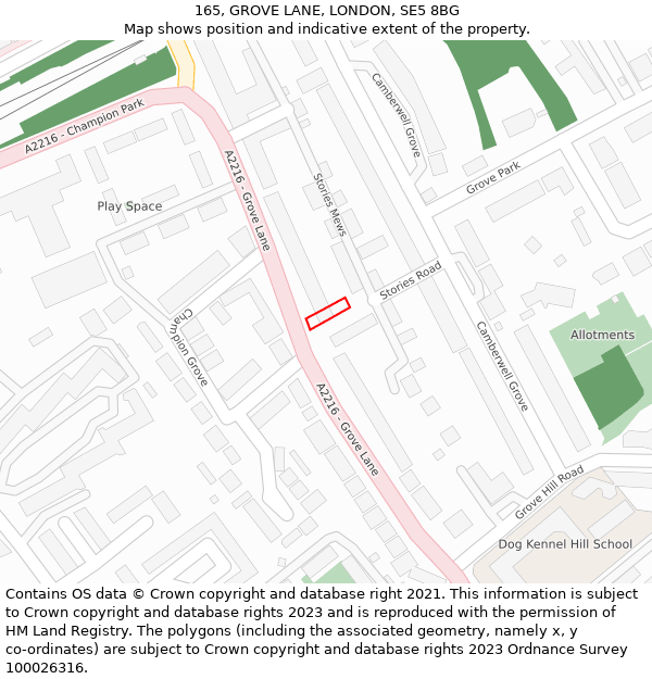 165, GROVE LANE, LONDON, SE5 8BG: Location map and indicative extent of plot