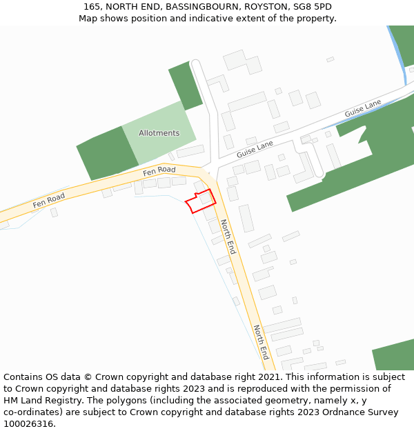 165, NORTH END, BASSINGBOURN, ROYSTON, SG8 5PD: Location map and indicative extent of plot