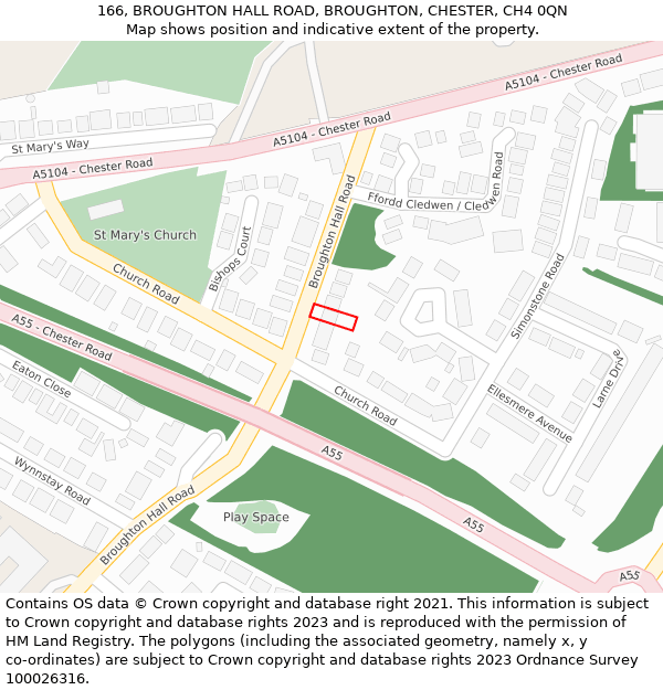 166, BROUGHTON HALL ROAD, BROUGHTON, CHESTER, CH4 0QN: Location map and indicative extent of plot