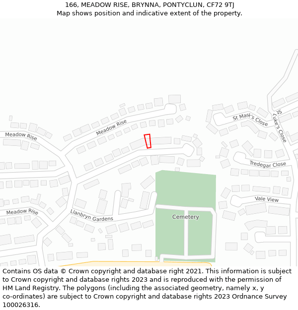 166, MEADOW RISE, BRYNNA, PONTYCLUN, CF72 9TJ: Location map and indicative extent of plot