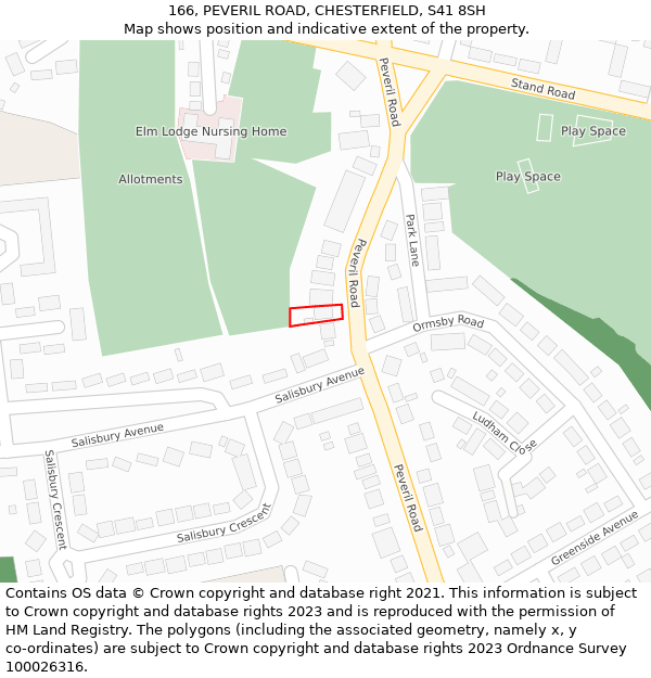 166, PEVERIL ROAD, CHESTERFIELD, S41 8SH: Location map and indicative extent of plot