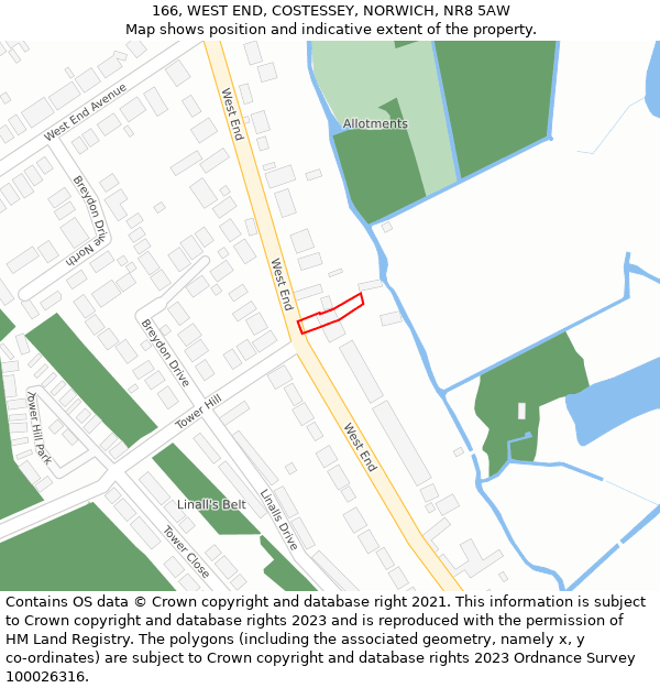 166, WEST END, COSTESSEY, NORWICH, NR8 5AW: Location map and indicative extent of plot