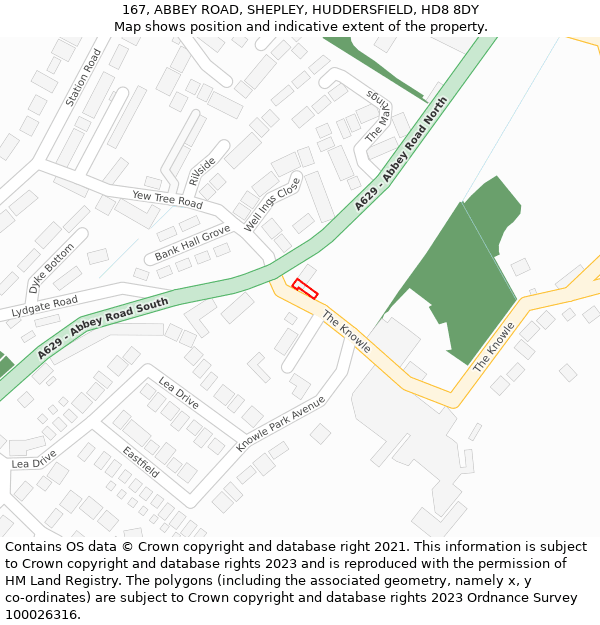 167, ABBEY ROAD, SHEPLEY, HUDDERSFIELD, HD8 8DY: Location map and indicative extent of plot