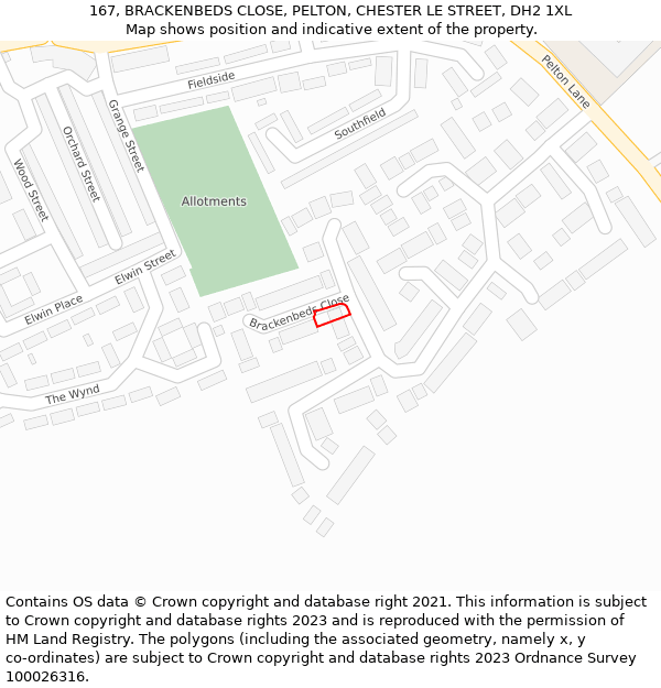 167, BRACKENBEDS CLOSE, PELTON, CHESTER LE STREET, DH2 1XL: Location map and indicative extent of plot