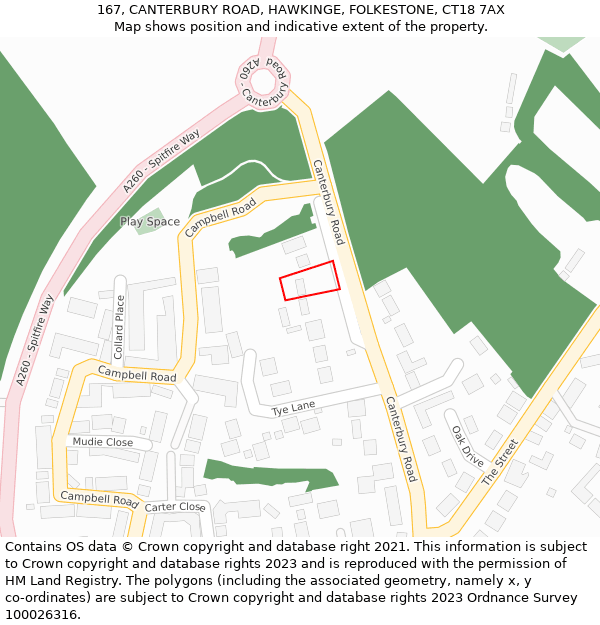 167, CANTERBURY ROAD, HAWKINGE, FOLKESTONE, CT18 7AX: Location map and indicative extent of plot