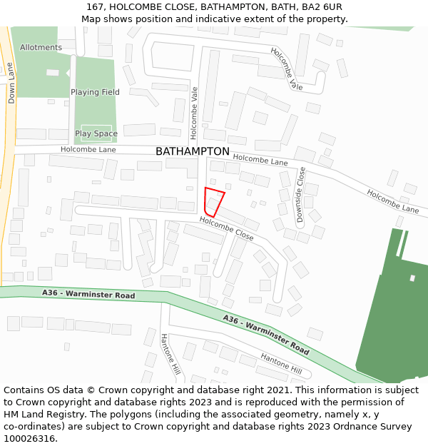 167, HOLCOMBE CLOSE, BATHAMPTON, BATH, BA2 6UR: Location map and indicative extent of plot