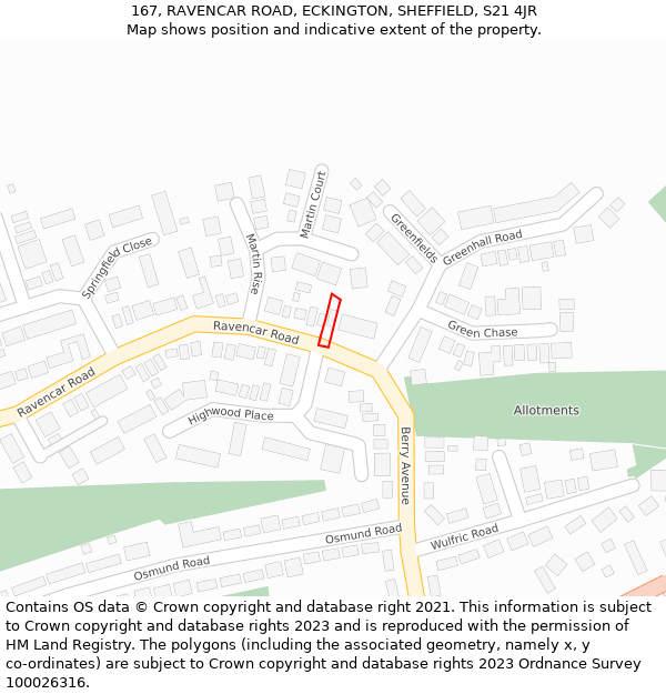 167, RAVENCAR ROAD, ECKINGTON, SHEFFIELD, S21 4JR: Location map and indicative extent of plot