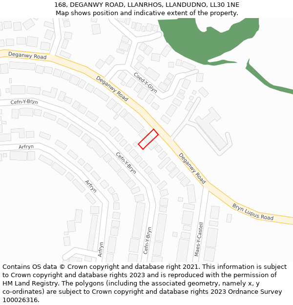 168, DEGANWY ROAD, LLANRHOS, LLANDUDNO, LL30 1NE: Location map and indicative extent of plot