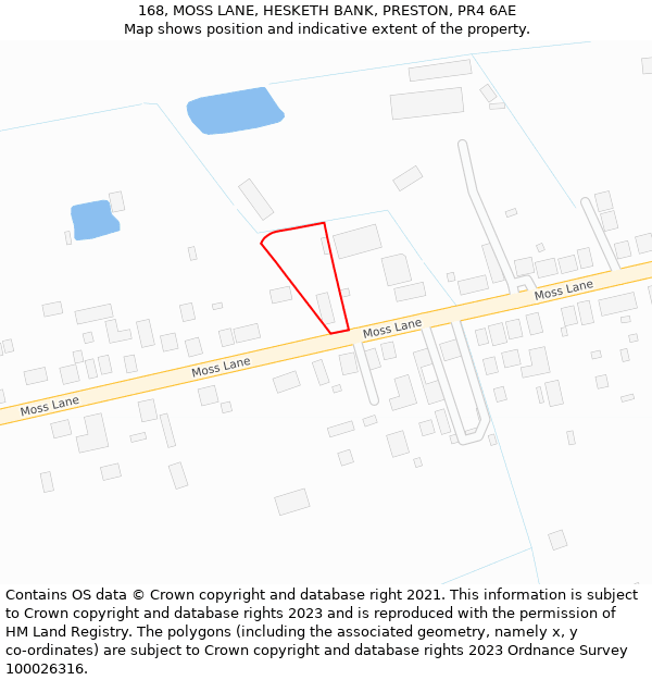 168, MOSS LANE, HESKETH BANK, PRESTON, PR4 6AE: Location map and indicative extent of plot