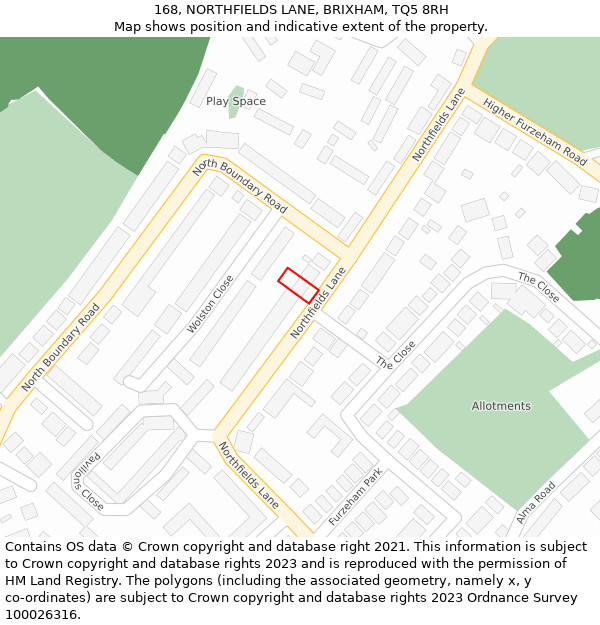 168, NORTHFIELDS LANE, BRIXHAM, TQ5 8RH: Location map and indicative extent of plot