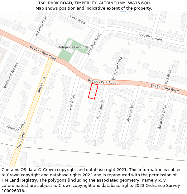 168, PARK ROAD, TIMPERLEY, ALTRINCHAM, WA15 6QH: Location map and indicative extent of plot