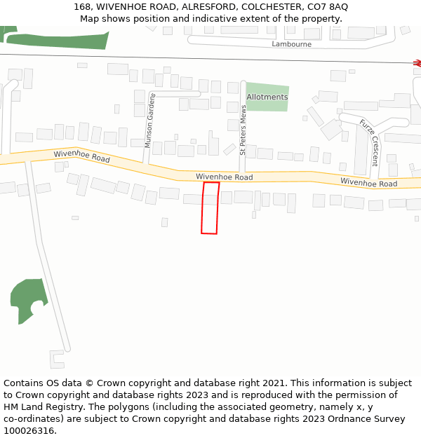 168, WIVENHOE ROAD, ALRESFORD, COLCHESTER, CO7 8AQ: Location map and indicative extent of plot