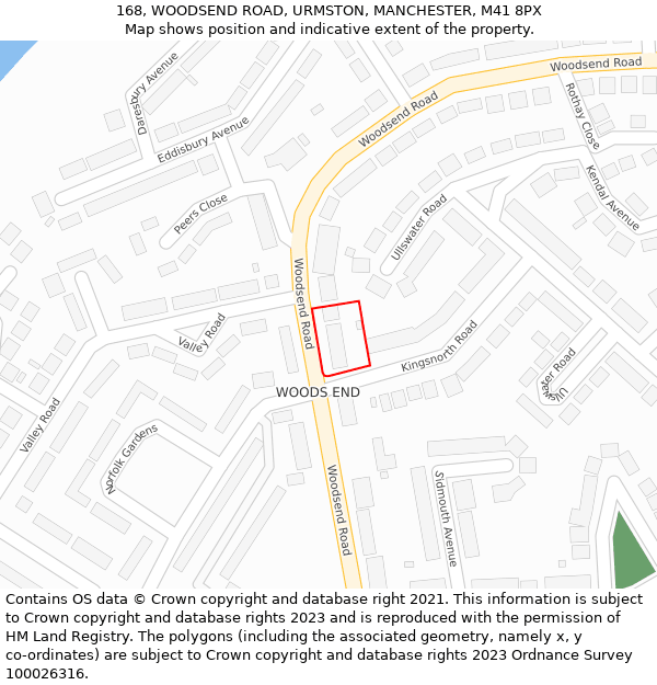 168, WOODSEND ROAD, URMSTON, MANCHESTER, M41 8PX: Location map and indicative extent of plot