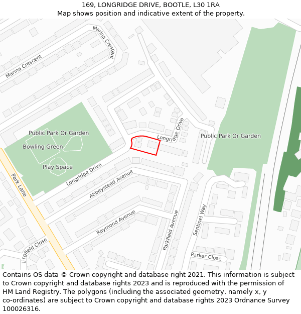 169, LONGRIDGE DRIVE, BOOTLE, L30 1RA: Location map and indicative extent of plot