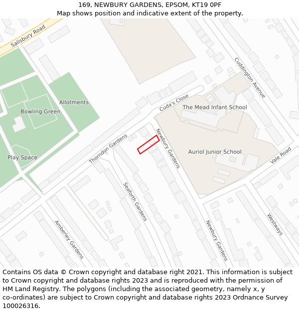 169, NEWBURY GARDENS, EPSOM, KT19 0PF: Location map and indicative extent of plot