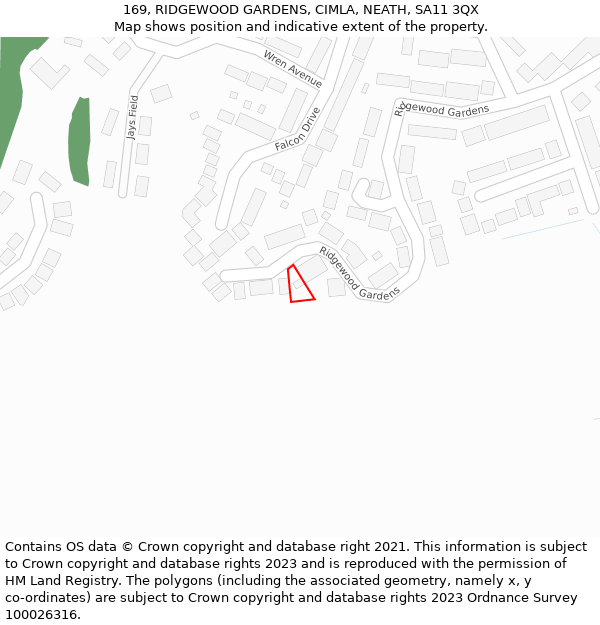 169, RIDGEWOOD GARDENS, CIMLA, NEATH, SA11 3QX: Location map and indicative extent of plot