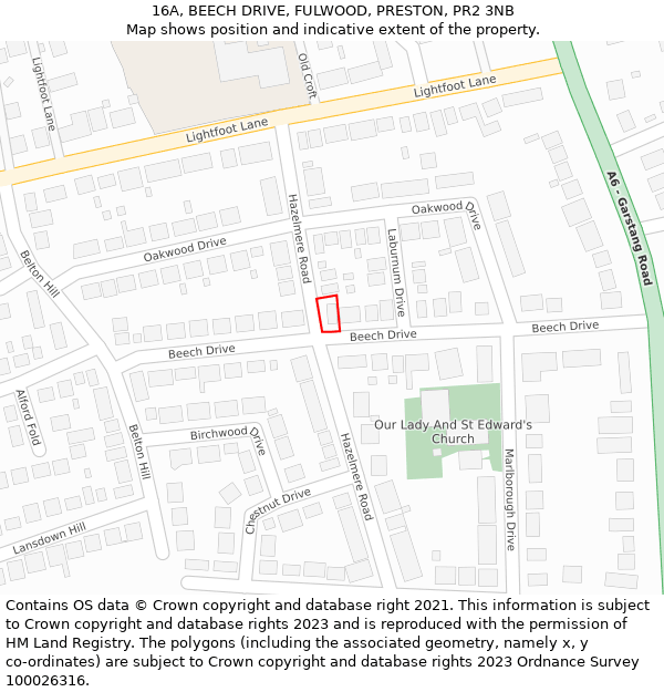 16A, BEECH DRIVE, FULWOOD, PRESTON, PR2 3NB: Location map and indicative extent of plot