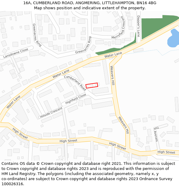 16A, CUMBERLAND ROAD, ANGMERING, LITTLEHAMPTON, BN16 4BG: Location map and indicative extent of plot