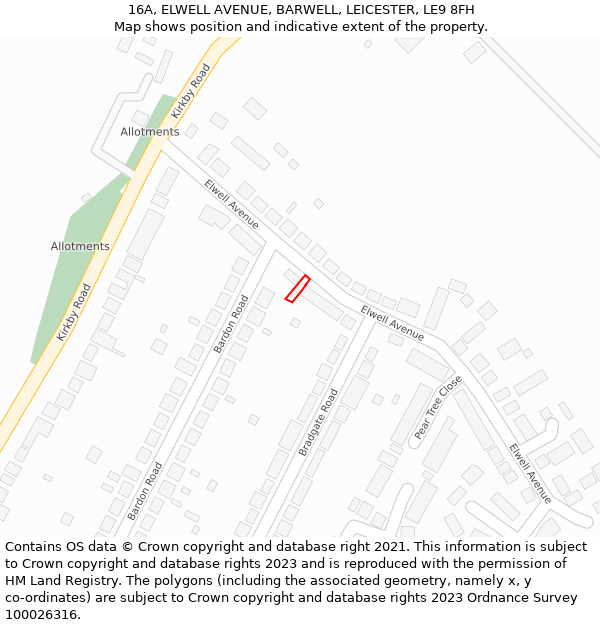 16A, ELWELL AVENUE, BARWELL, LEICESTER, LE9 8FH: Location map and indicative extent of plot