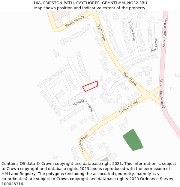16A, FRIESTON PATH, CAYTHORPE, GRANTHAM, NG32 3BU: Location map and indicative extent of plot
