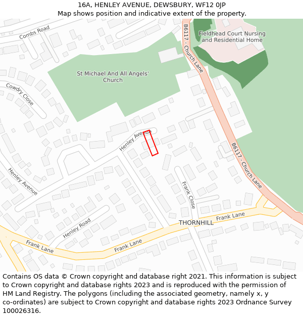 16A, HENLEY AVENUE, DEWSBURY, WF12 0JP: Location map and indicative extent of plot