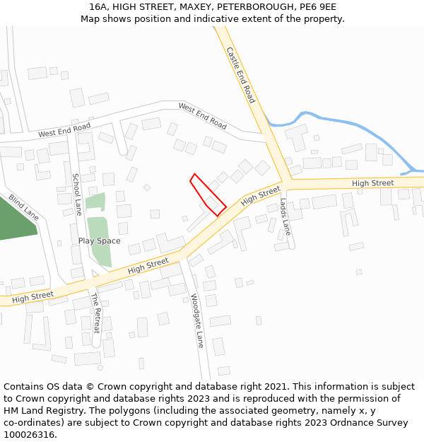 16A, HIGH STREET, MAXEY, PETERBOROUGH, PE6 9EE: Location map and indicative extent of plot