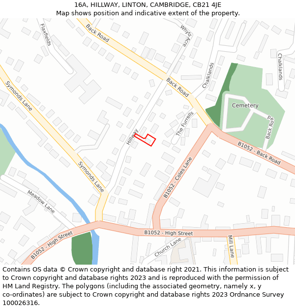 16A, HILLWAY, LINTON, CAMBRIDGE, CB21 4JE: Location map and indicative extent of plot