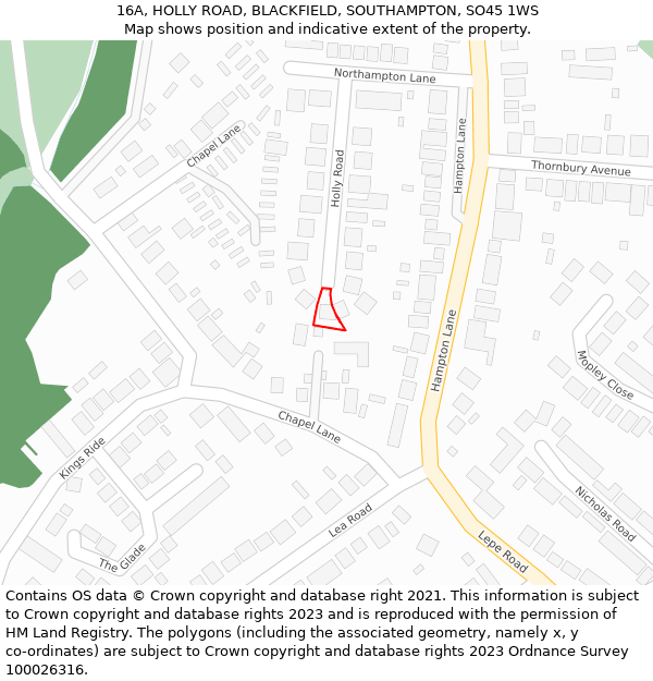 16A, HOLLY ROAD, BLACKFIELD, SOUTHAMPTON, SO45 1WS: Location map and indicative extent of plot