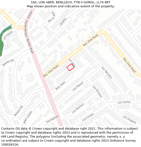 16A, LON ABER, BENLLECH, TYN-Y-GONGL, LL74 8RT: Location map and indicative extent of plot
