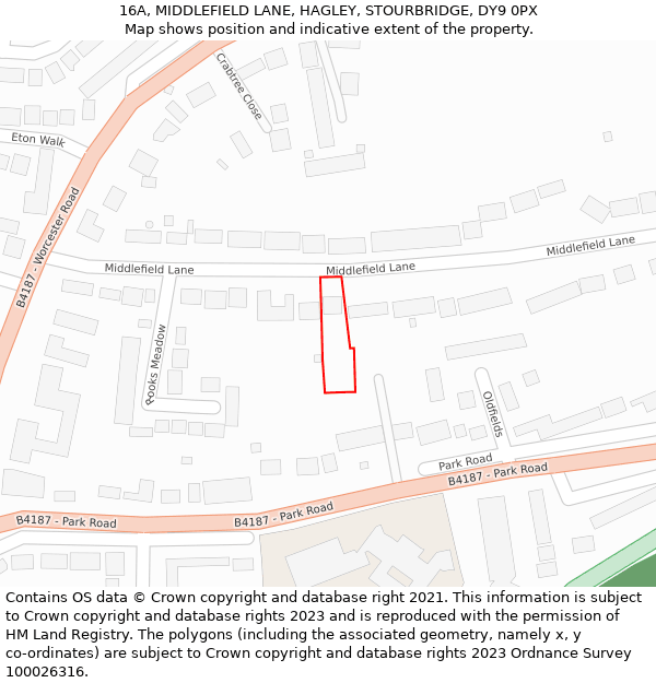 16A, MIDDLEFIELD LANE, HAGLEY, STOURBRIDGE, DY9 0PX: Location map and indicative extent of plot