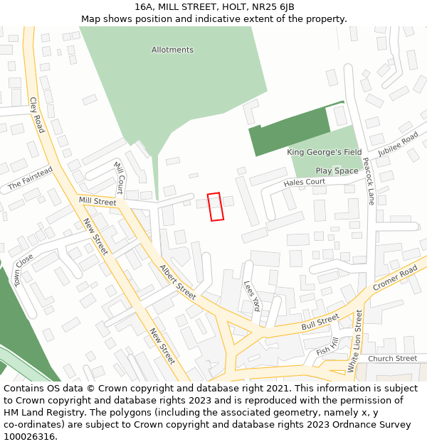 16A, MILL STREET, HOLT, NR25 6JB: Location map and indicative extent of plot